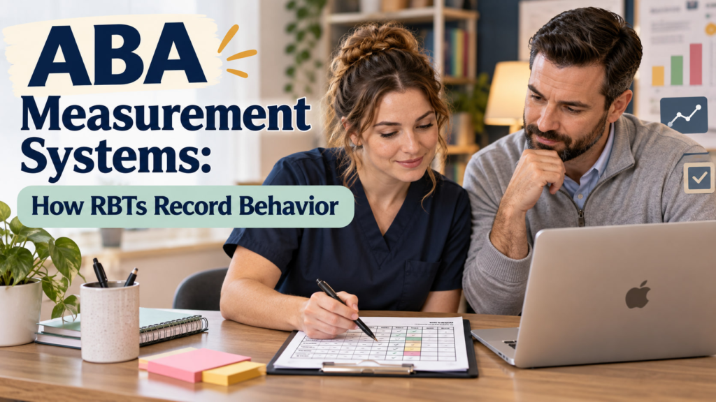 ABA measurement systems cover showing a white adult woman technician and white adult man supervisor reviewing a data sheet be