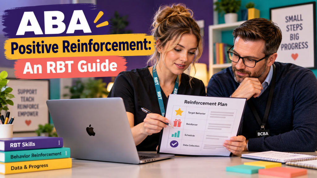ABA positive reinforcement cover showing a white adult woman technician and white adult man supervisor reviewing a reinforcem