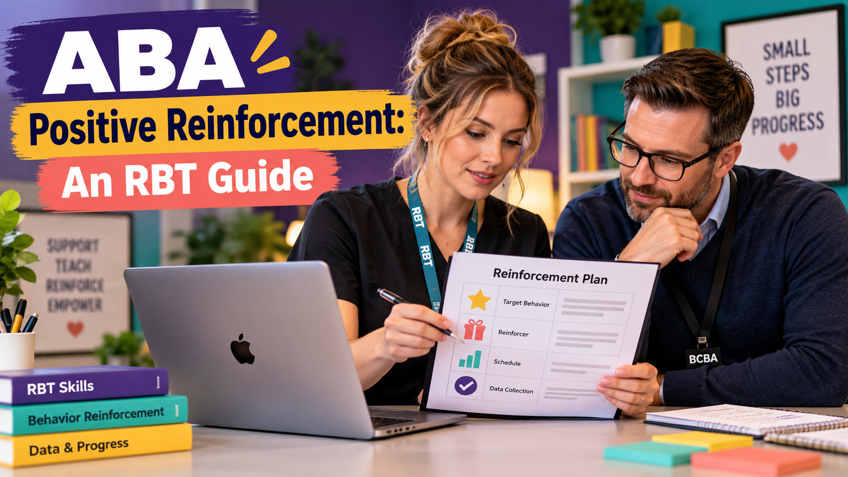 ABA positive reinforcement cover showing a white adult woman technician and white adult man supervisor reviewing a reinforcem