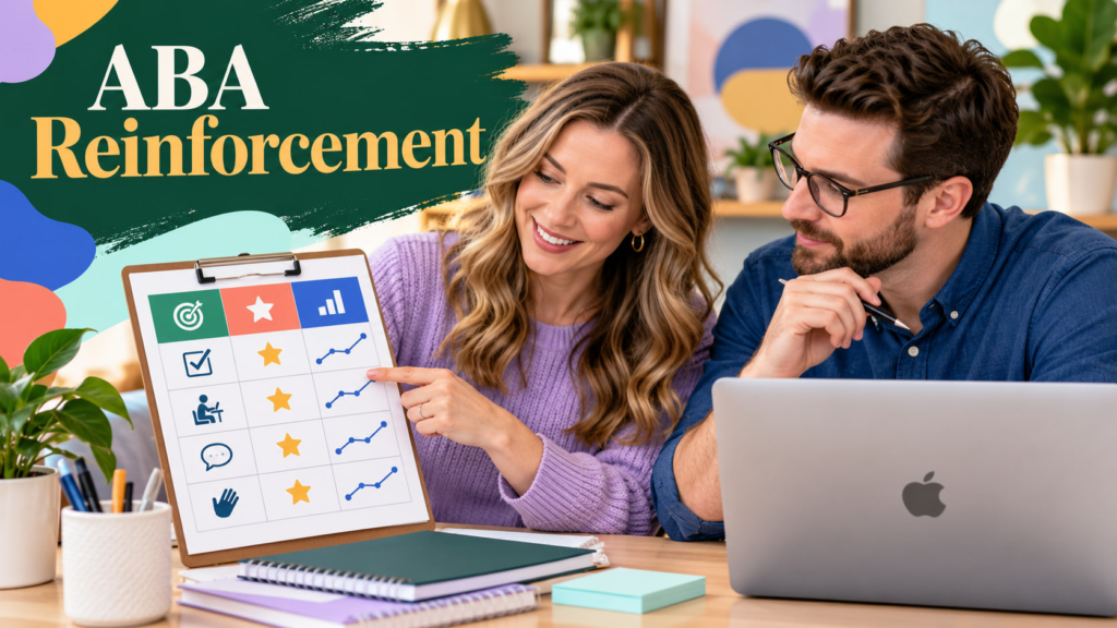 ABA Reinforcement cover showing a white adult woman and white adult man reviewing a reinforcement chart beside an Apple lapto