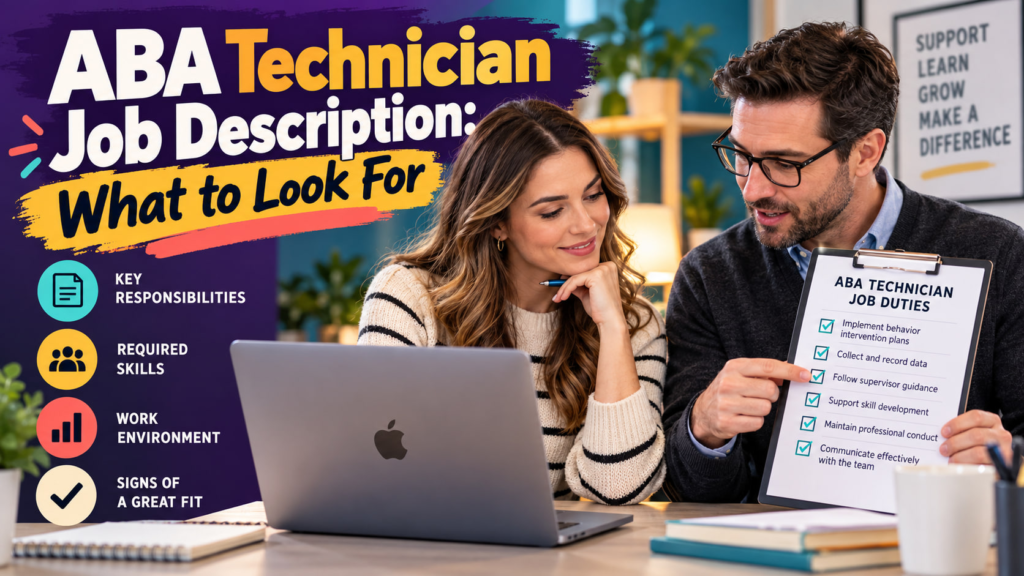 ABA technician job description cover showing a white adult woman applicant and white adult man supervisor reviewing a job dut