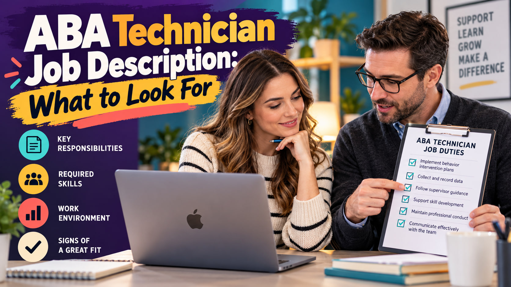 ABA technician job description cover showing a white adult woman applicant and white adult man supervisor reviewing a job dut