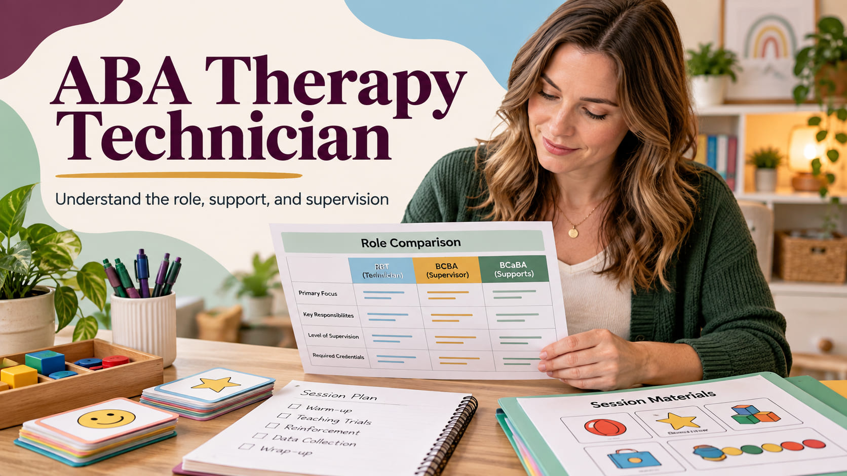 ABA Therapy Technician cover with a white woman reviewing a role comparison chart and session materials
