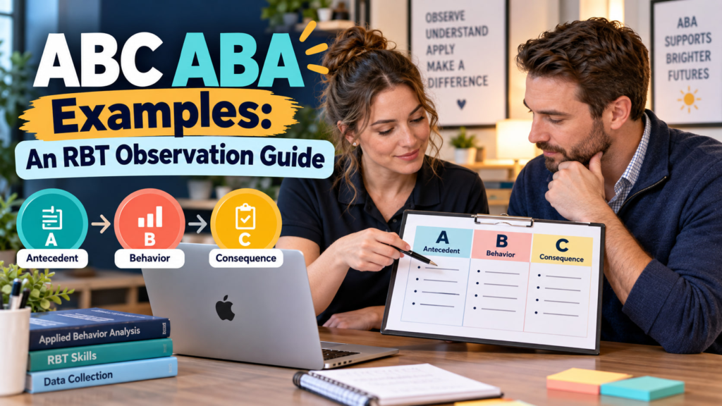 ABC ABA examples cover showing a white adult woman technician and white adult man supervisor reviewing an antecedent behavior