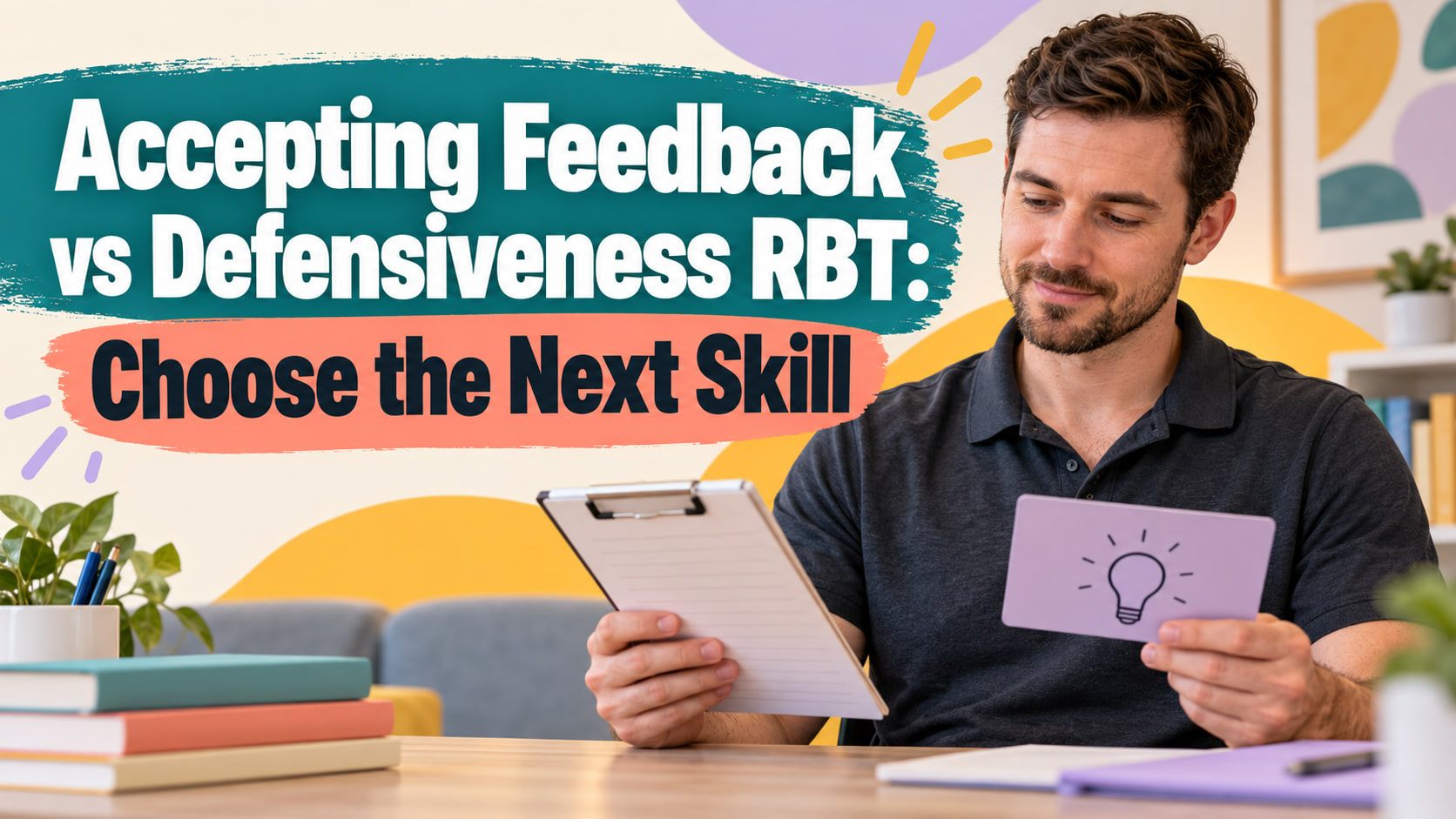 Accepting feedback vs defensiveness RBT cover showing a white man reviewing a coaching note and reflection card