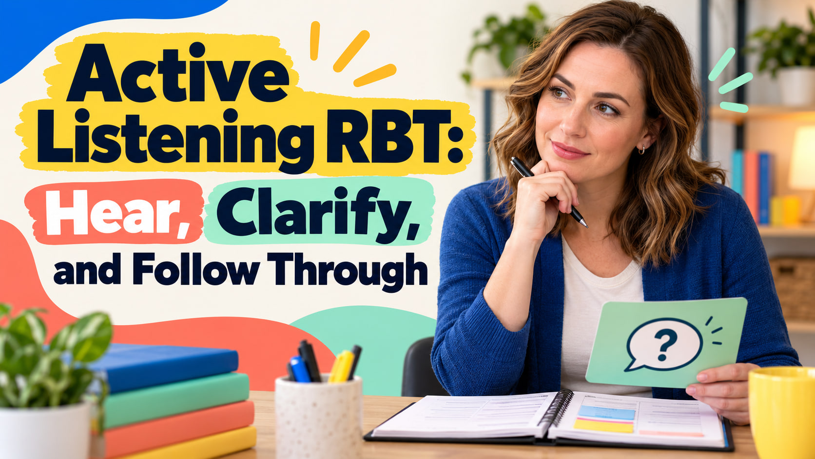 Active listening RBT cover showing a white woman reviewing a session note and question card
