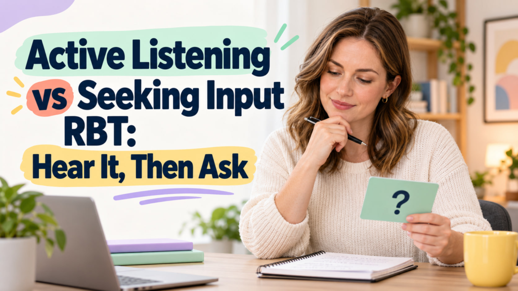 Active listening vs seeking input RBT cover showing a white woman reviewing a question card at a learning desk