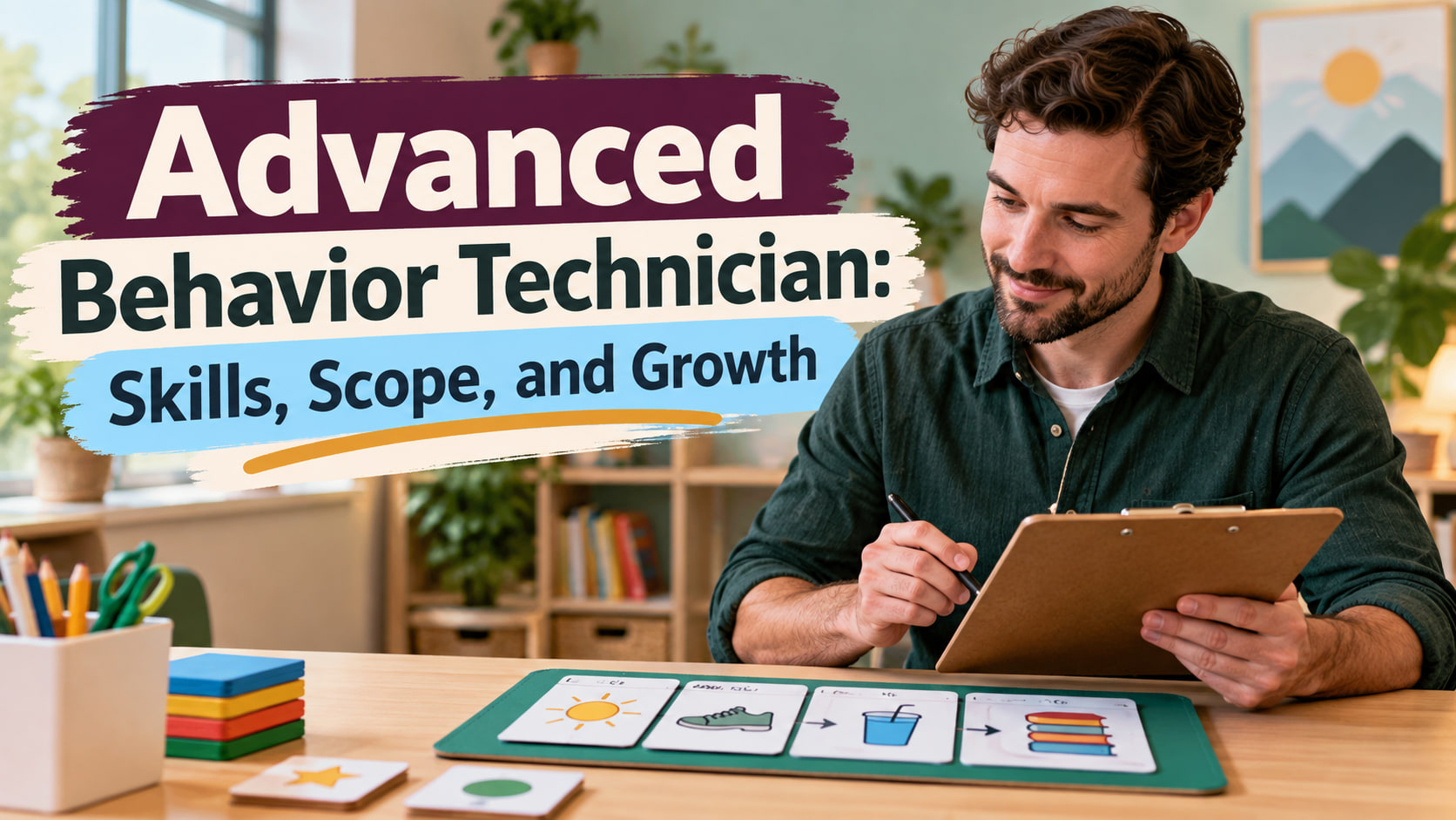 Advanced behavior technician cover showing a white man reviewing a skill and scope board