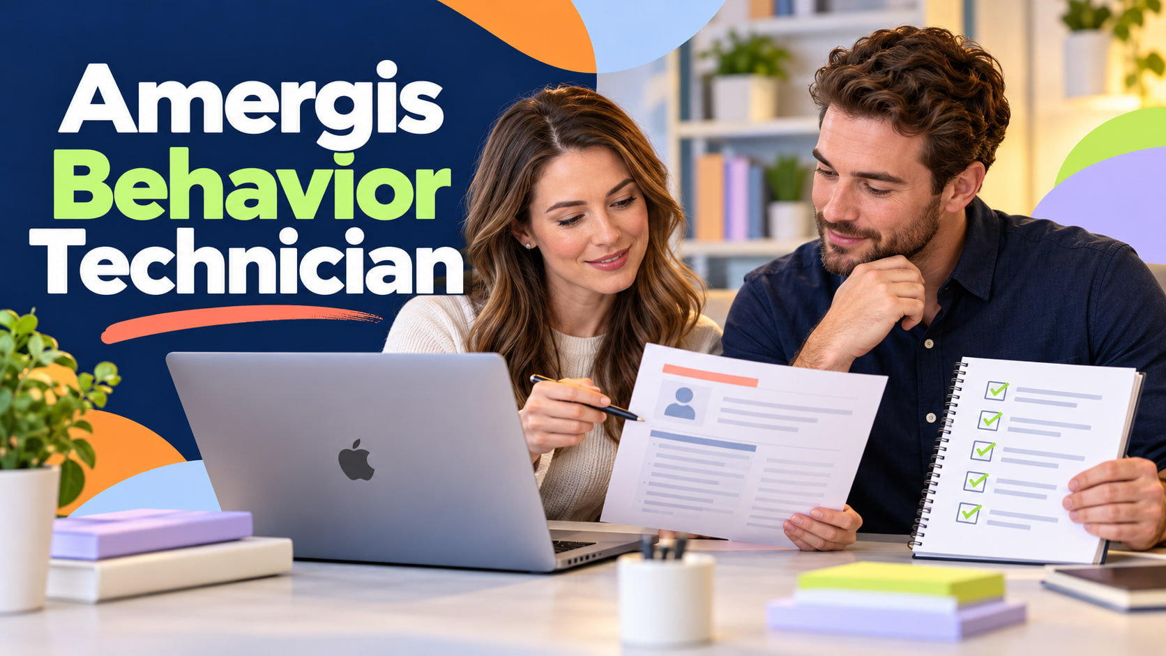 Amergis Behavior Technician cover showing a white adult woman and white adult man reviewing a job posting beside an Apple lap