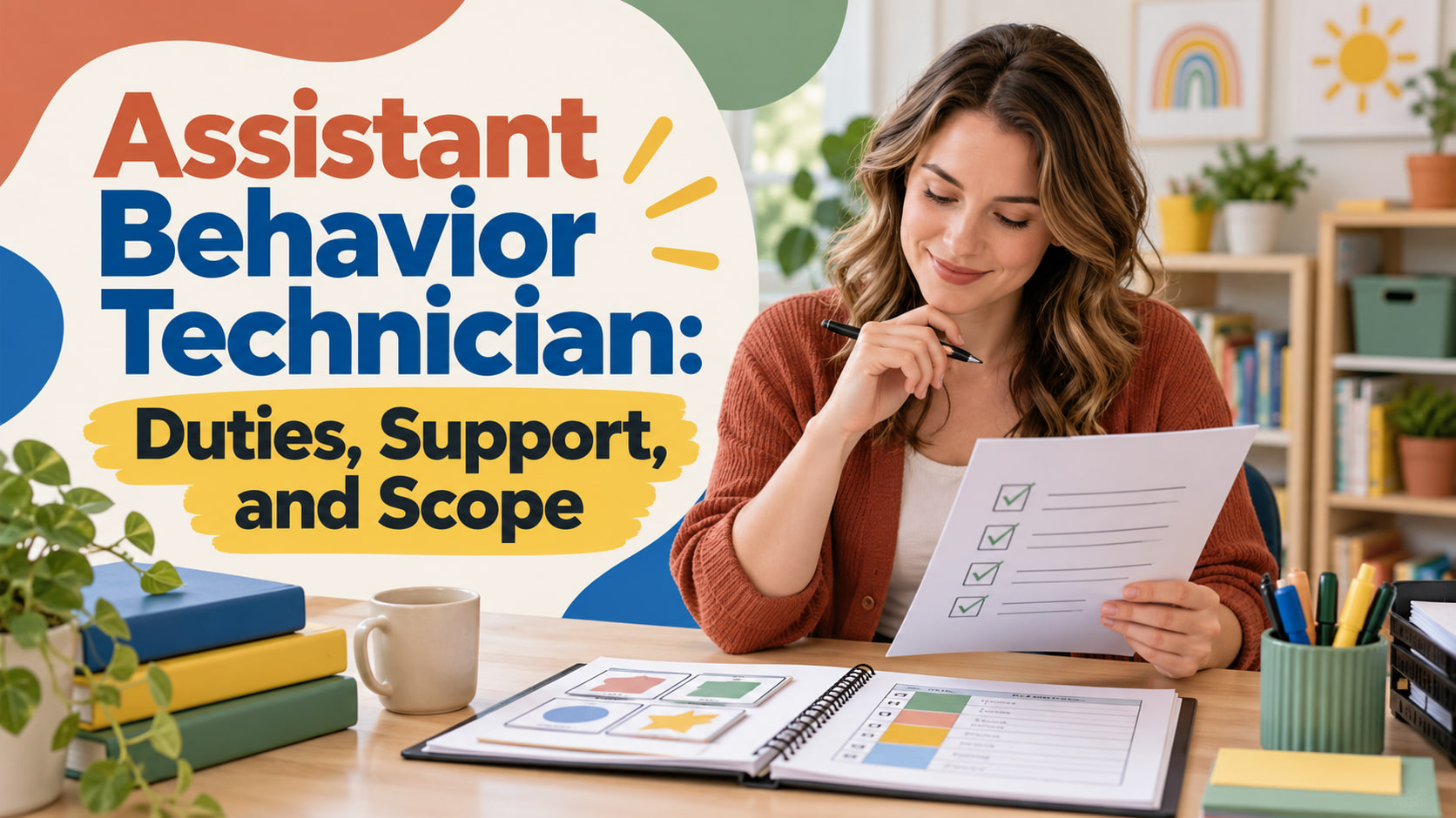 Assistant behavior technician cover showing a white woman reviewing a role checklist