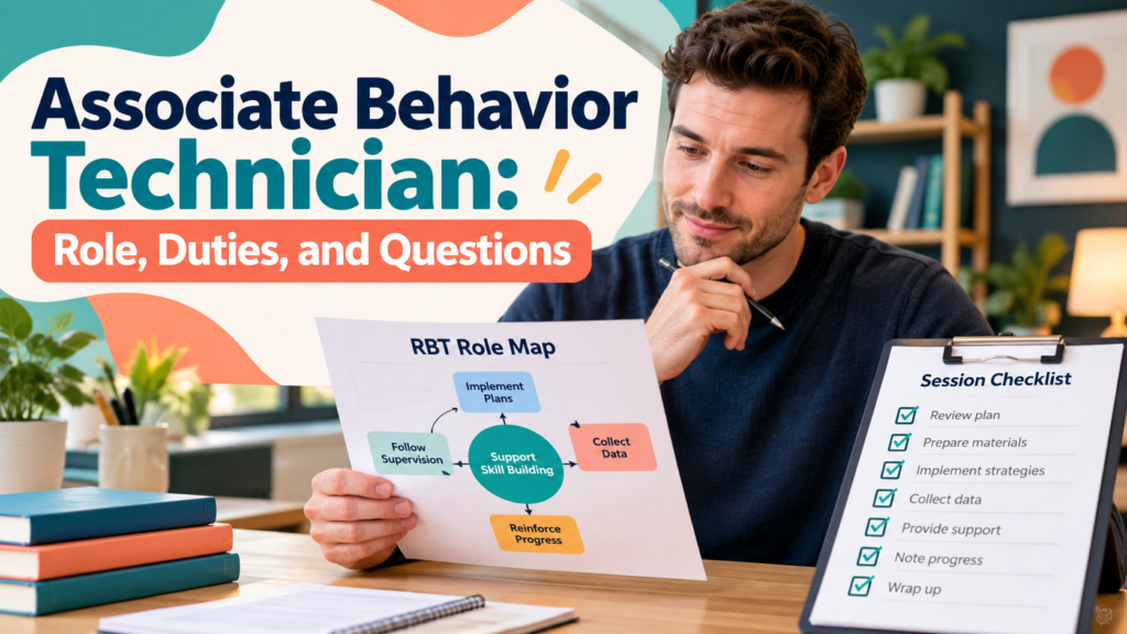 Associate behavior technician cover showing a white man reviewing a role map and session checklist
