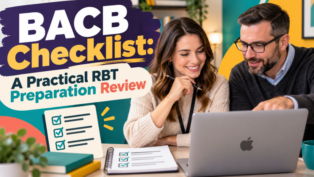 BACB checklist cover showing a white adult woman and white adult man reviewing an RBT preparation checklist on an Apple lapto