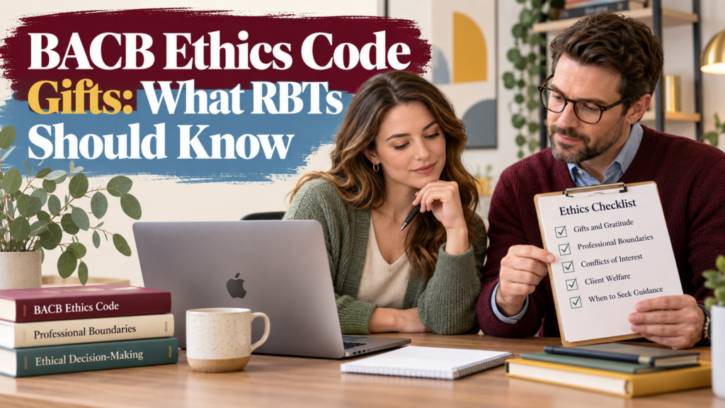BACB Ethics Code gifts cover showing a white adult woman technician and white adult man supervisor reviewing an ethics checkl