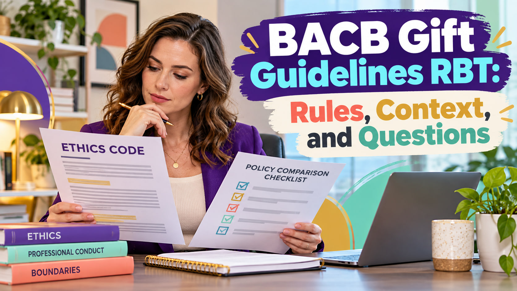 BACB gift guidelines RBT cover showing a white woman reviewing ethics and policy pages