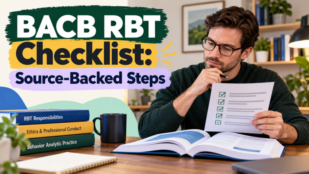 BACB RBT checklist cover showing a white man reviewing current source documents