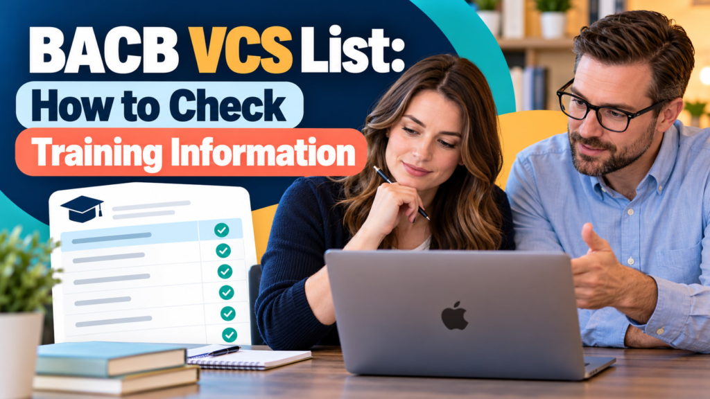 BACB VCS list cover showing a white adult woman and white adult man reviewing a course list on an Apple laptop