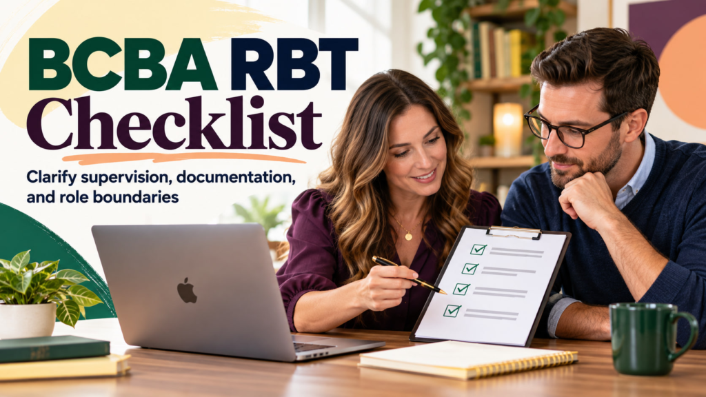 BCBA RBT Checklist cover showing a white adult woman and white adult man reviewing a supervision checklist beside an Apple la