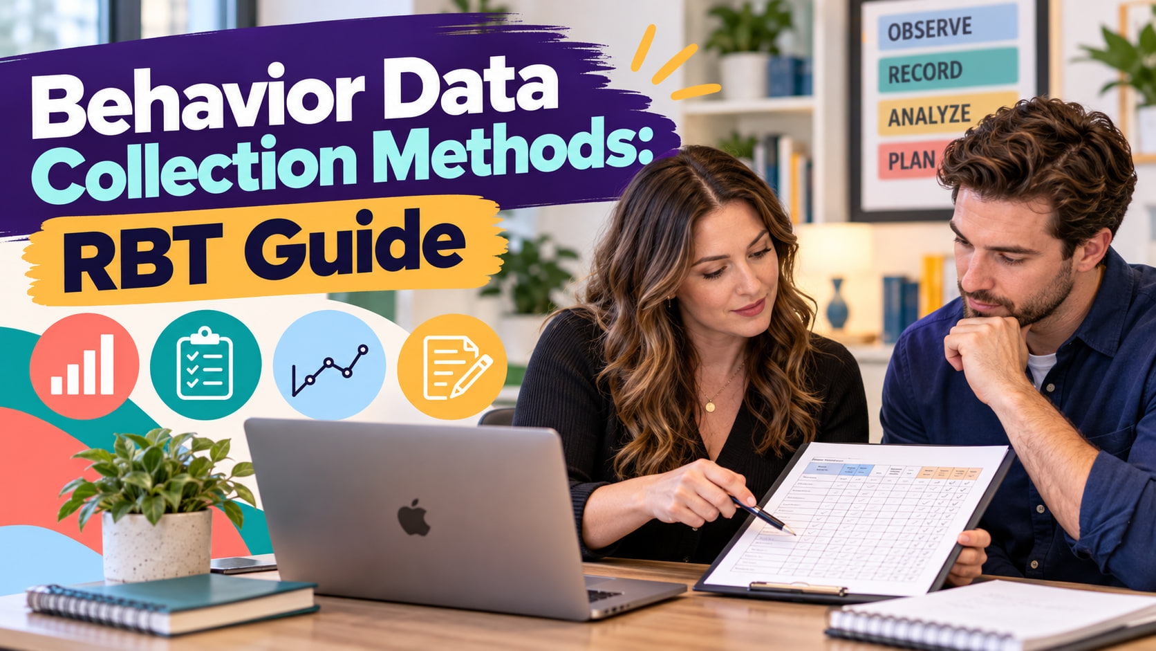 Behavior data collection methods cover showing a white adult woman and white adult man reviewing a data sheet beside an Apple