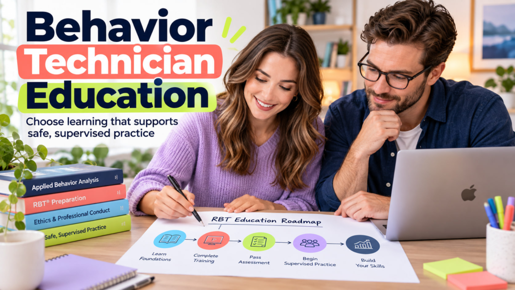 Behavior Technician Education cover showing a white adult woman and white adult man reviewing an education roadmap beside an
