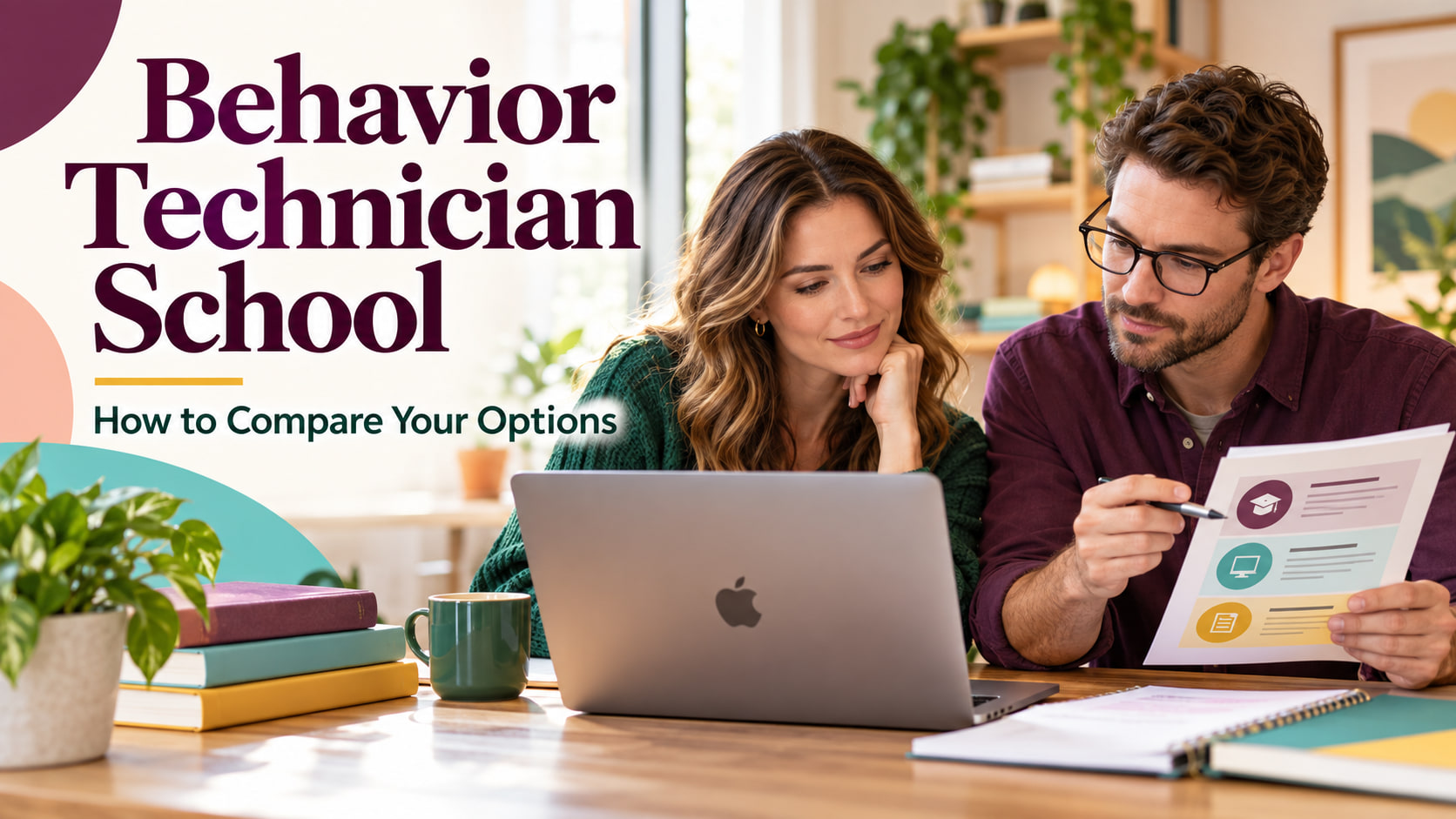Compare Behavior Technician Schools infographic showing curriculum, practice, support, and cost