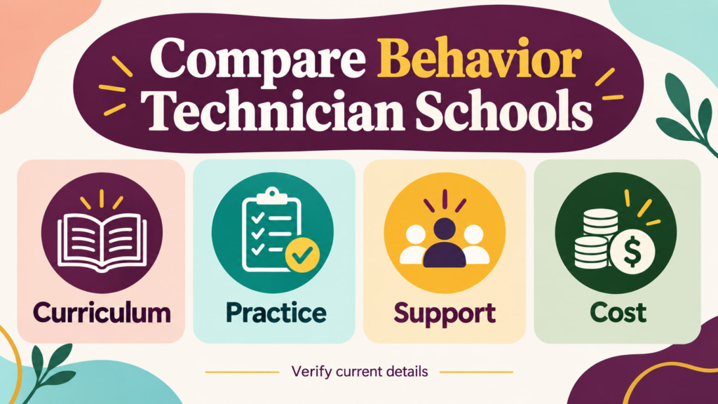 Behavior Technician School cover showing a white adult woman and white adult man comparing program information beside an Appl
