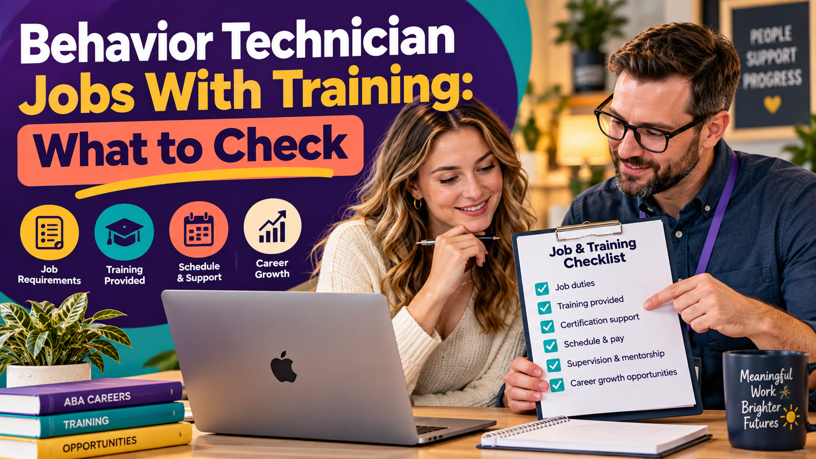 Behavior technician jobs with training cover showing a white adult woman applicant and white adult man supervisor reviewing a