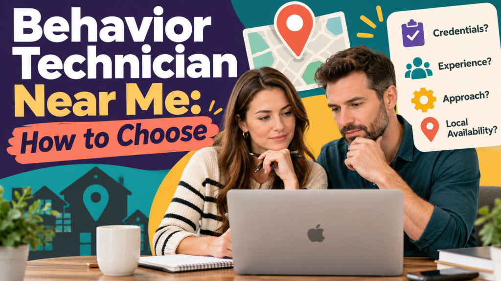 Behavior technician near me cover showing a white adult woman and white adult man comparing local provider questions beside a