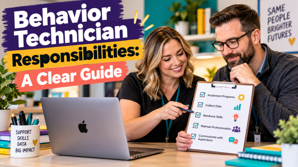 Behavior technician responsibilities cover showing a white adult woman technician and white adult man supervisor reviewing a