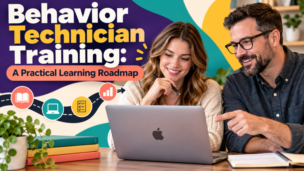 Behavior technician training cover showing a white adult woman trainee and white adult man supervisor reviewing a roadmap on