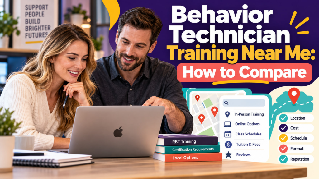 Behavior technician training near me cover showing a white adult woman learner and white adult man trainer reviewing local tr