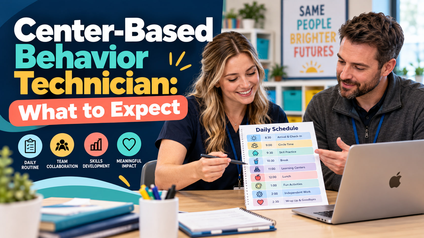 Center based behavior technician cover showing a white adult woman technician and white adult man supervisor reviewing a dail