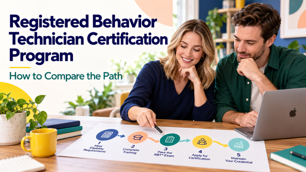 Registered Behavior Technician Certification Program cover showing a white adult woman and white adult man reviewing a certif