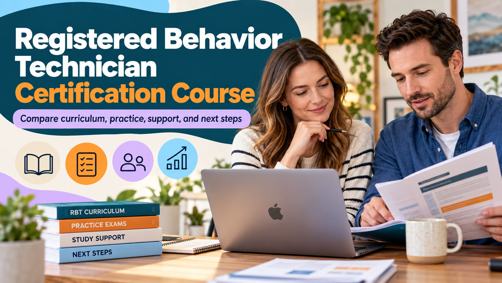 Registered Behavior Technician Certification Course cover showing a white adult woman and white adult man comparing course ma