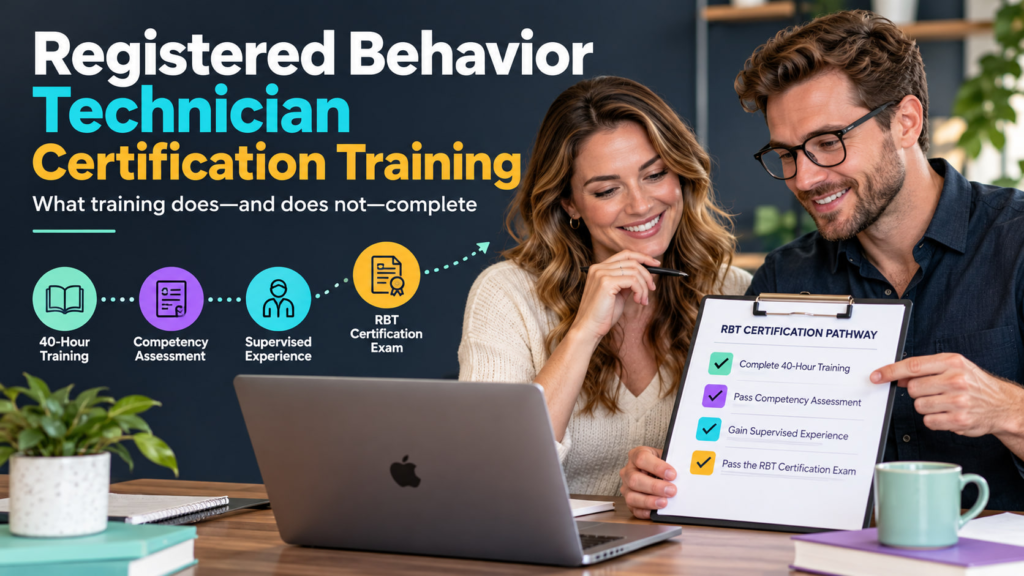 Registered Behavior Technician Certification Training cover showing a white adult woman and white adult man reviewing a certi