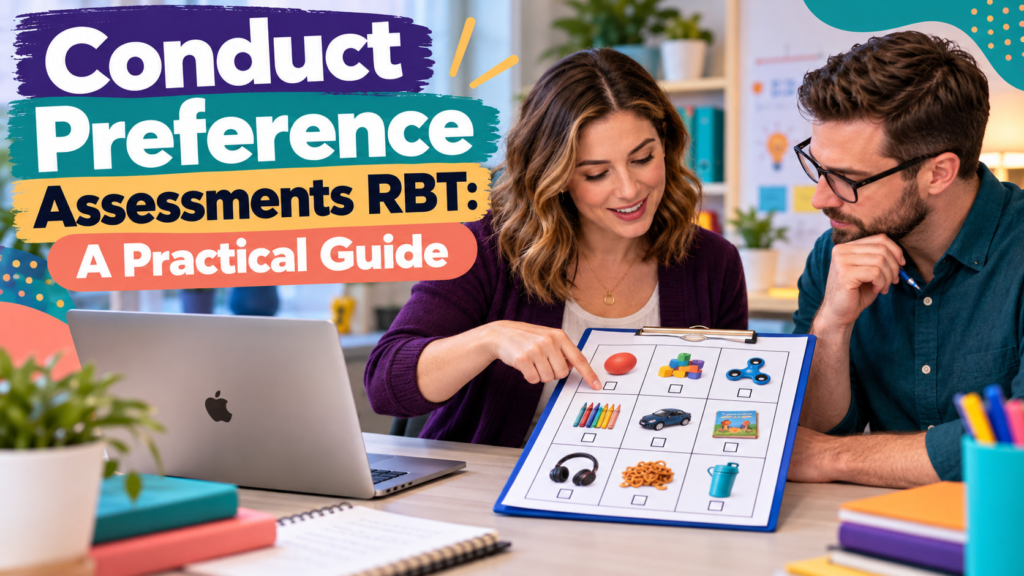 Conduct preference assessments RBT cover showing a white adult woman and white adult man reviewing a choice board beside an A