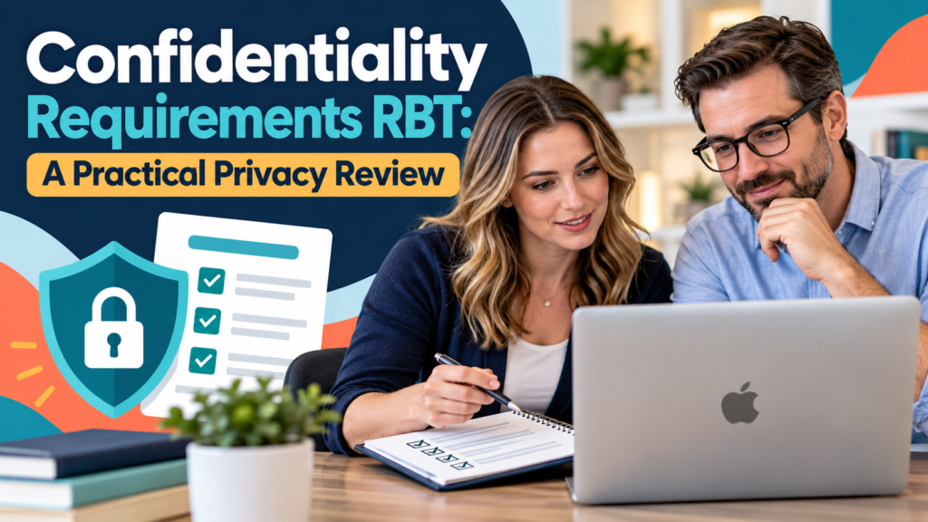 Confidentiality requirements RBT cover showing a white adult woman and white adult man reviewing a privacy checklist on an Ap