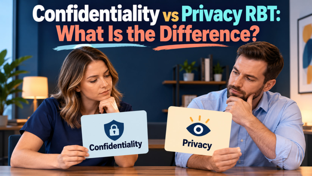 Confidentiality vs privacy RBT cover showing a white adult woman and white adult man comparing two concept cards