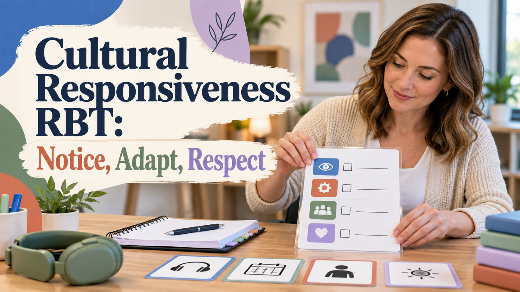 Cultural responsiveness RBT cover showing a white woman arranging a support checklist at a learning desk