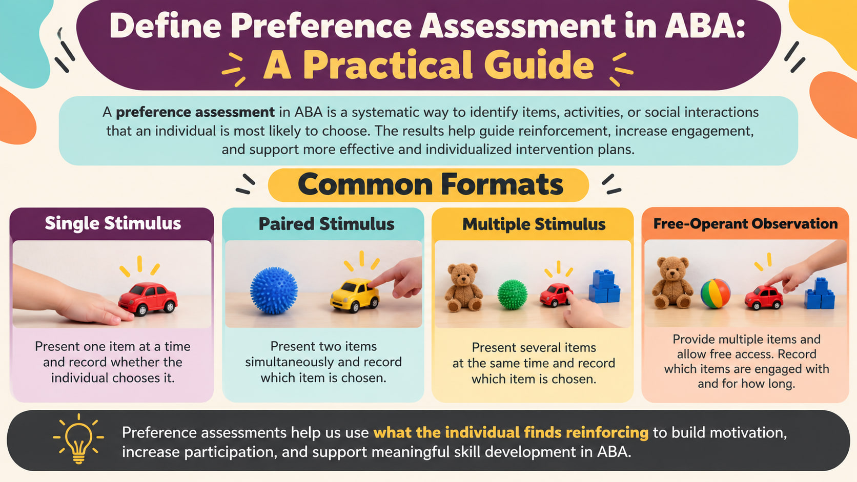 define preference assessment aba - Define preference assessment in ABA infographic showing single stimulus paired stimulus an