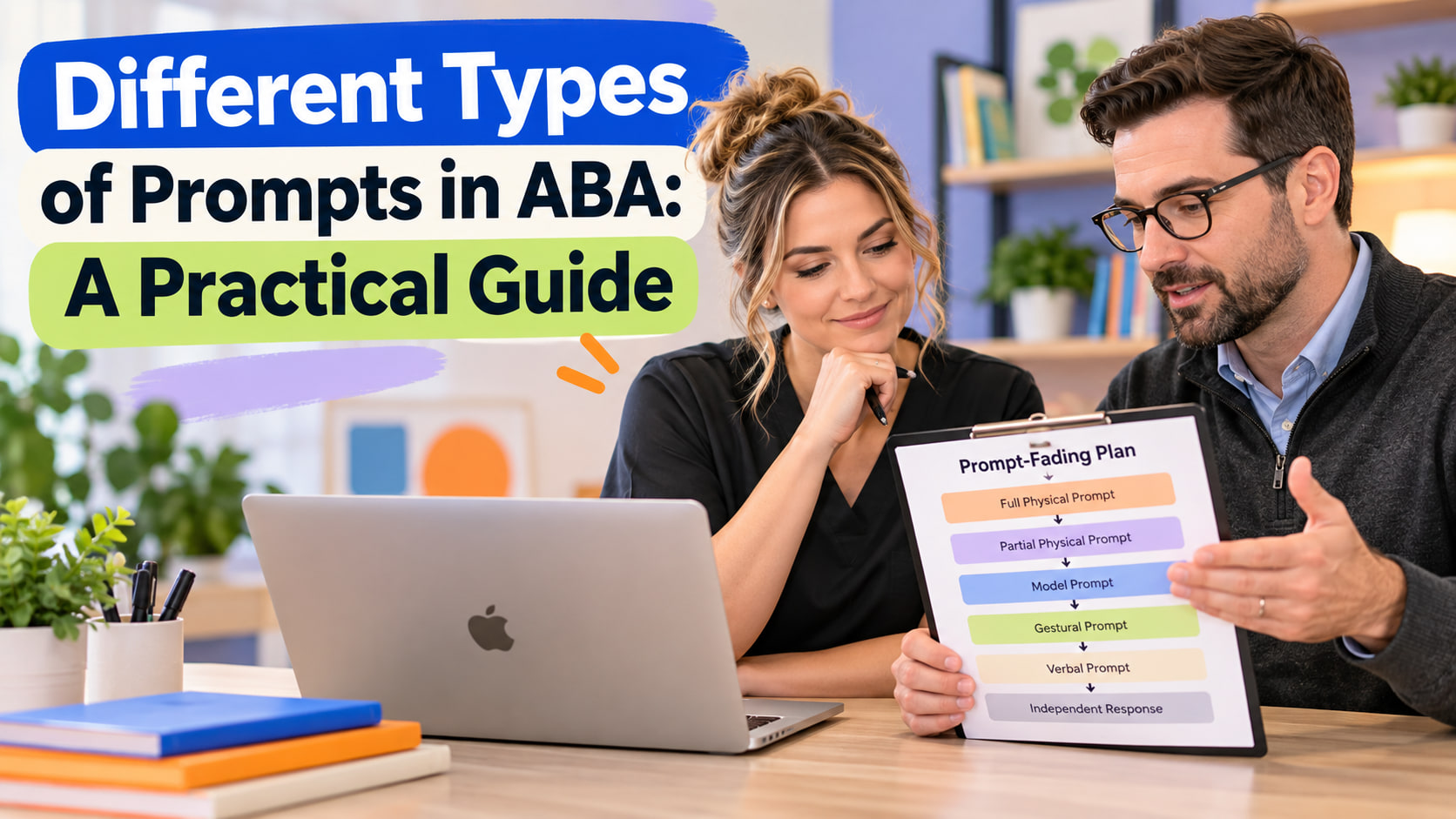 Different types of prompts in ABA cover showing a white adult woman technician and white adult man supervisor reviewing a pro