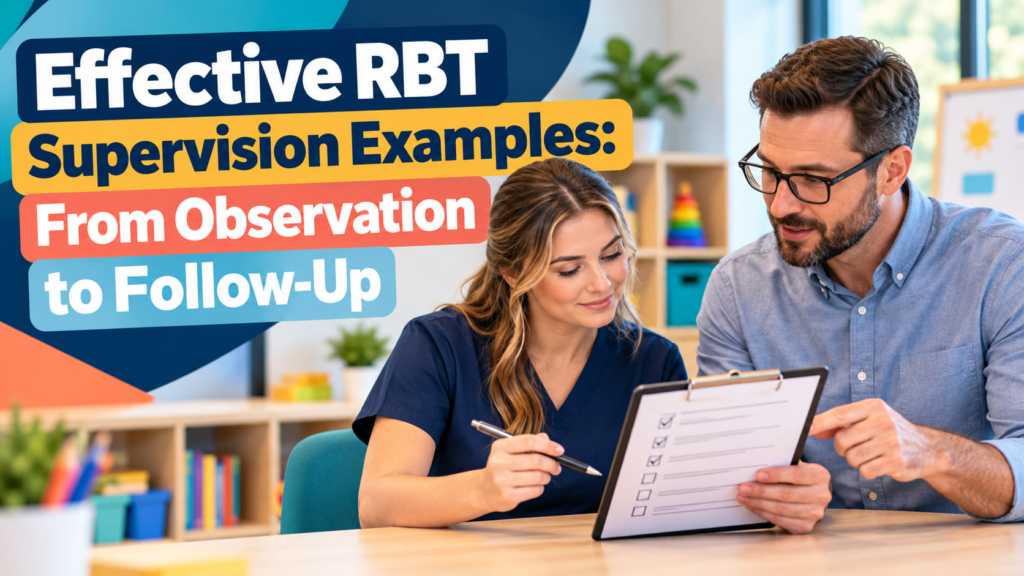 Effective RBT supervision examples cover showing a white adult woman and white adult man reviewing an observation checklist