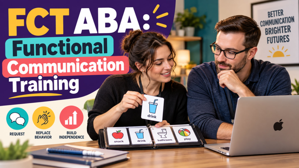 FCT ABA cover showing a white adult woman technician and white adult man supervisor reviewing a communication card plan besid