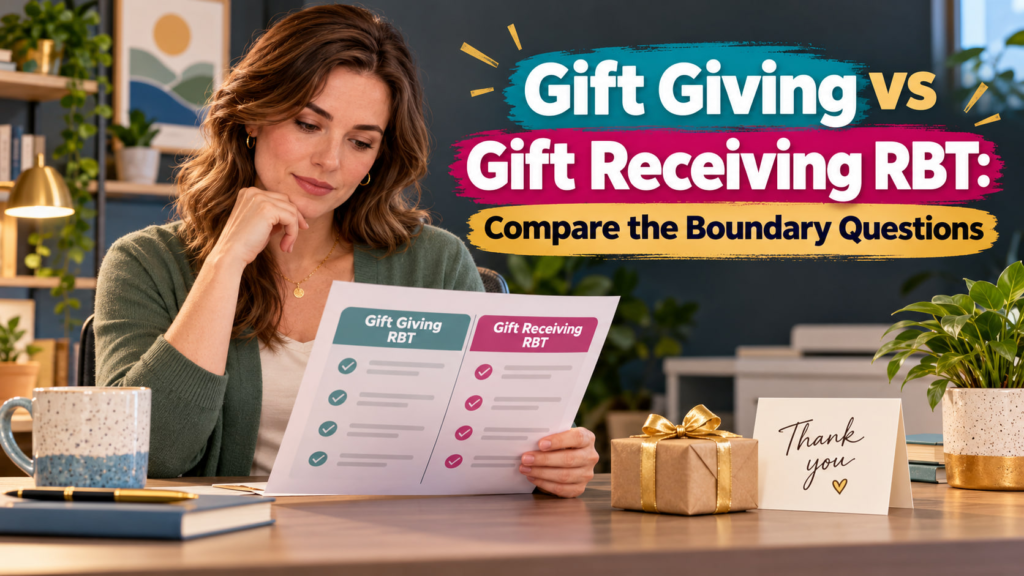 Gift giving vs gift receiving RBT cover showing a white woman reviewing a two-column boundary comparison