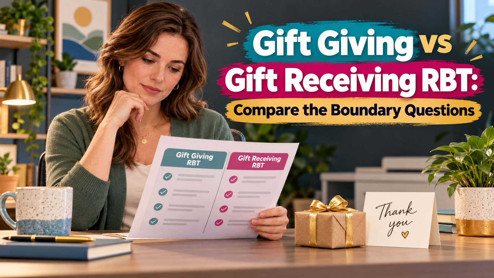 Gift giving vs gift receiving RBT cover showing a white woman reviewing a two-column boundary comparison