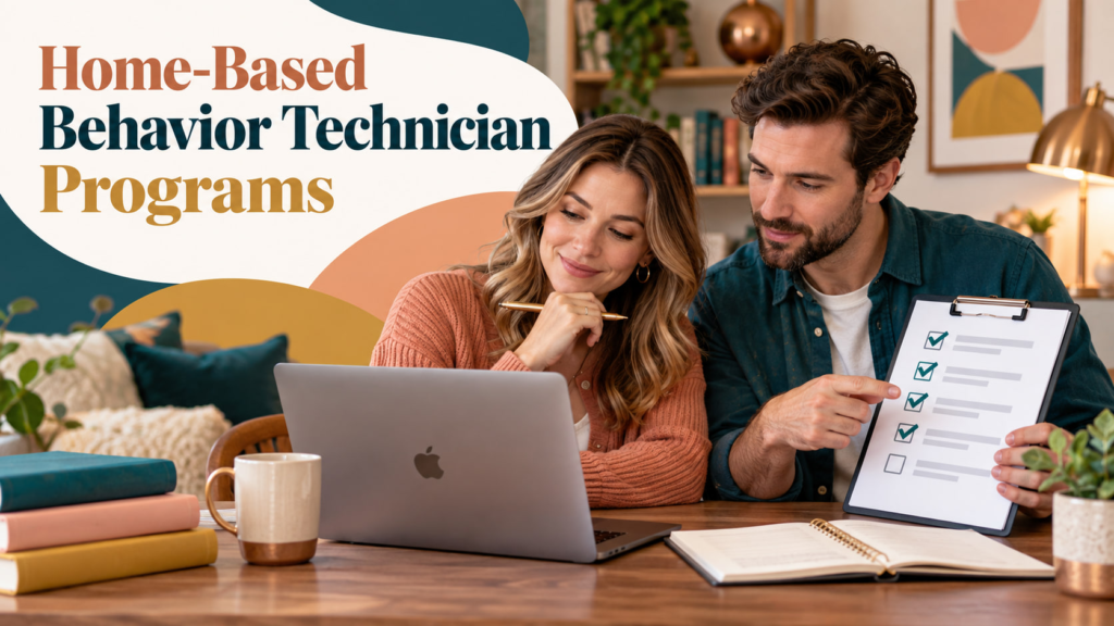 Home-Based Behavior Technician Programs cover showing a white adult woman and white adult man comparing training programs bes