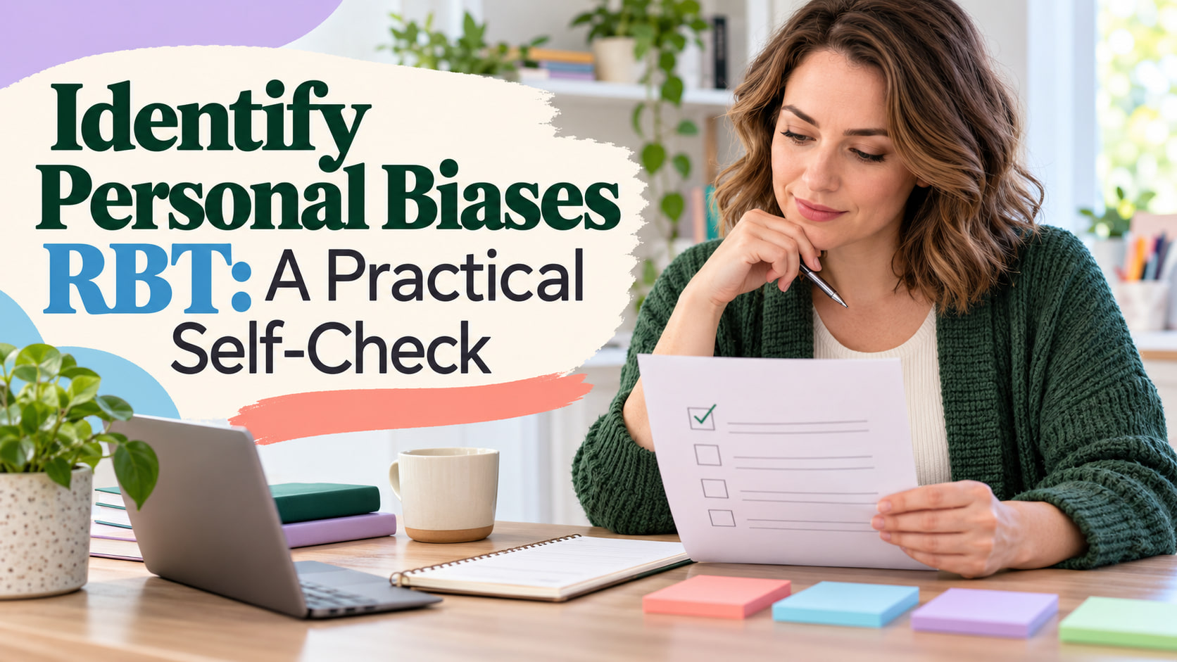 Identify personal biases RBT cover showing a white woman reviewing a self-check worksheet at a learning desk