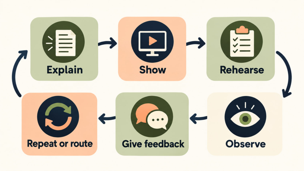 instruction vs feedback rbt supervision - Instruction versus feedback in RBT supervision with a white adult woman reviewing a