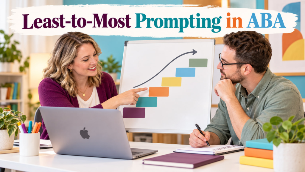 Least-to-Most Prompting in ABA cover showing a white adult woman and white adult man reviewing a prompt hierarchy beside an A