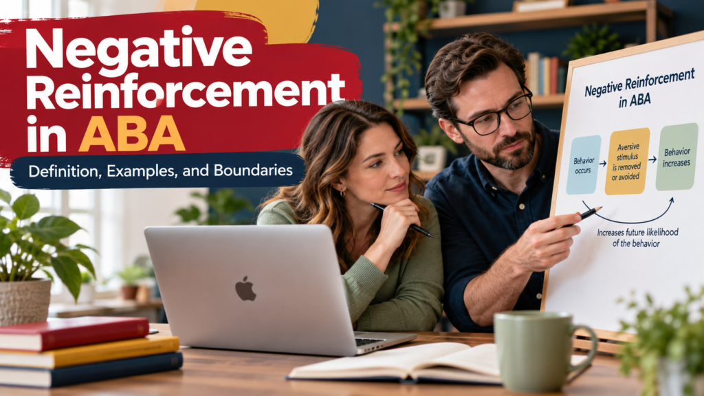 Negative Reinforcement in ABA cover showing a white adult woman and white adult man studying an ABA concept diagram beside an