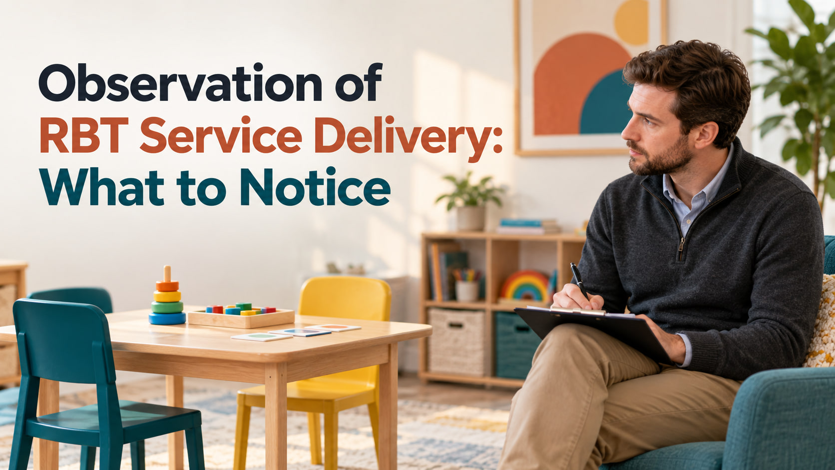Observation of RBT service delivery cover with a white adult man taking objective notes in a practice room